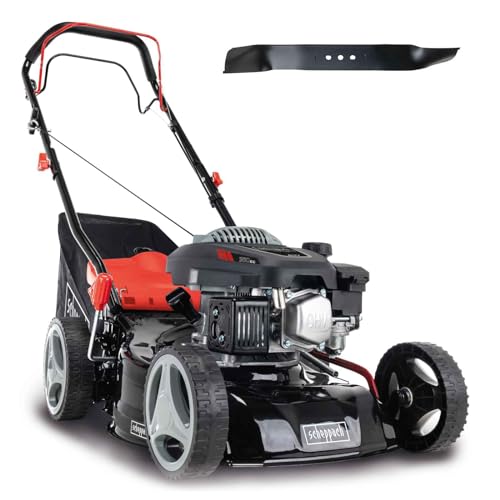 Scheppach Benzin Rasenmäher MS150-42 - 3,5PS | Schnittbreite 42cm | Radantrieb | Stahlgehäuse | Reinigungsfunktion | Mulchfunktion | 45L Korb | 7-stufige Höhenverstellung | inkl. 2. Mäh-/Mulchmesser von Scheppach