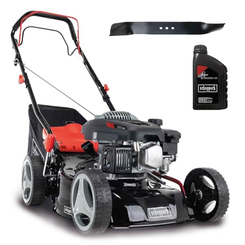 Scheppach Benzin Rasenmäher MS150-42 - 3,5PS | Schnittbreite 42cm | Radantrieb | Stahlgehäuse | Reinigungsfunktion | Mulchfunktion | 45L Korb | 7-stufige Höhenverstellung | inkl. 2. Messer & Motoröl von Scheppach