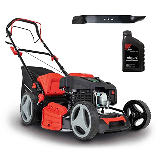 Scheppach Benzin Rasenmäher MS225-53 mit Radantrieb | 53cm Schnittbreite | 65L Fangbox | Höhenverstellung 7 Stufen | Seitenauswurf & Reinigungsfunktion | Mulchmäher | inkl. Motoröl & Ersatzmesser von Scheppach