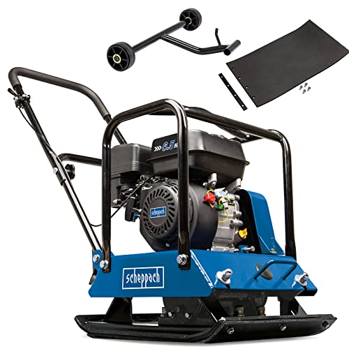 Scheppach Benzin Rüttelplatte HP1800S - 23 kN | 6.5PS | 88 kg | 30cm Verdichtungstiefe | Vorlaufgeschwindigkeit 25 m/min | Plattengröße 550 x 440 mm | mit Fahrvorrichtung & Gummimatte (für Pflaster) von Scheppach