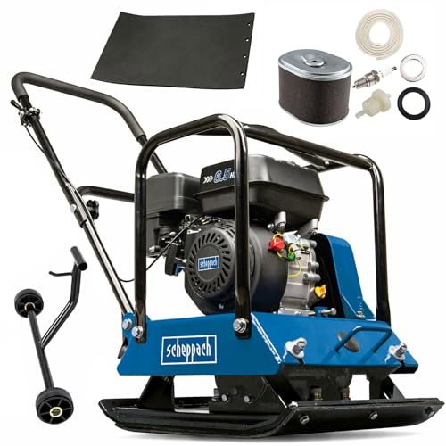Scheppach Benzin Rüttelplatte HP2000S - 25 kN | 6.5PS | 104 kg | 30cm Verdichtungstiefe | Vorlaufgeschwindigkeit 25 m/min | Plattengröße 550x440 mm | inkl. Fahrvorrichtung, Gummimatte & Wartungskit von Scheppach