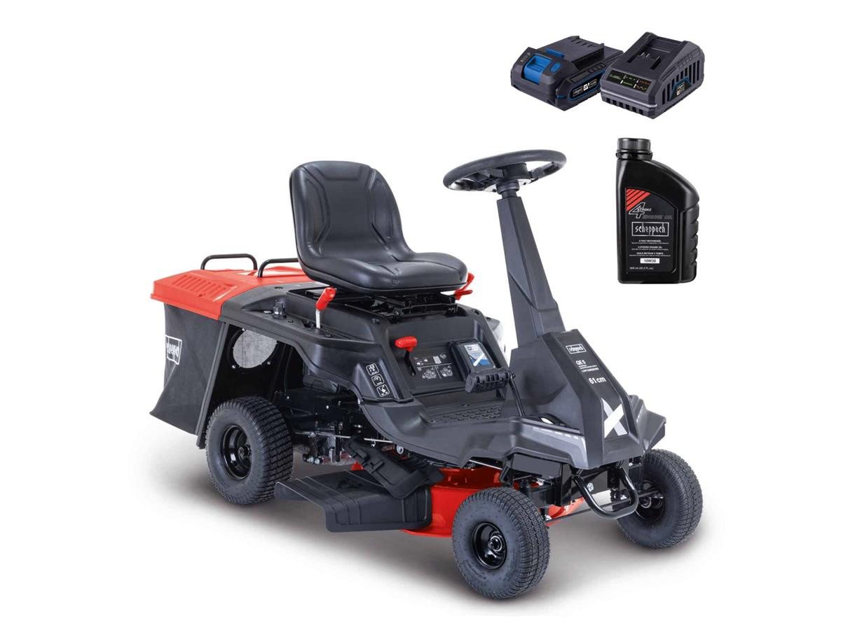 Scheppach Benzinrasenmäher MR230, 61 cm Schnittbreite, (Set, mit Akku und Ladegerät), 224 cm³, 6,0 PS Motorleistung, mit Radantrieb, Hybrid-Start + 0,6 L Öl von Scheppach