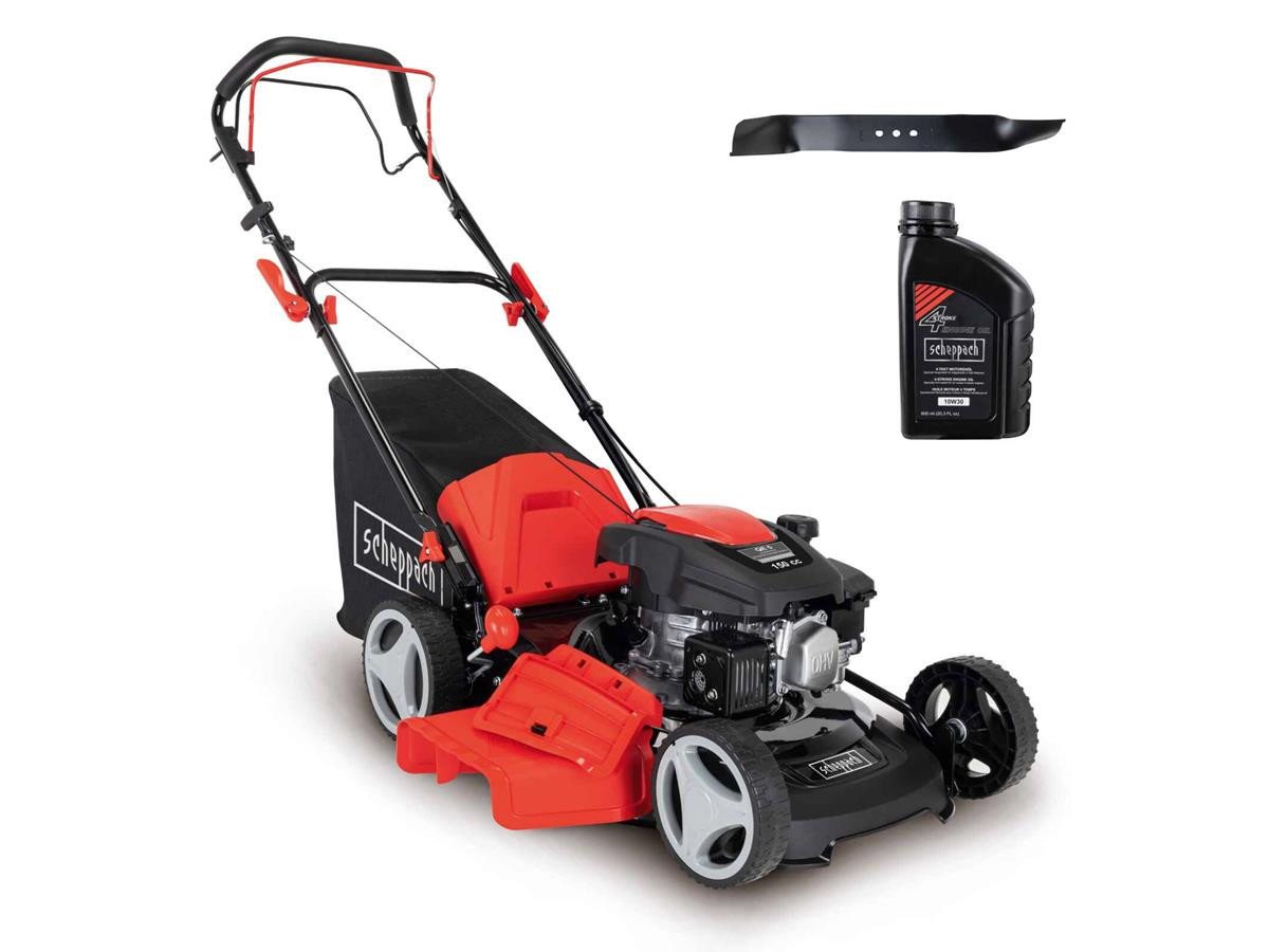 Scheppach Benzinrasenmäher MS161-46, 46 cm Schnittbreite, (Set), 150 cm³, 3,5 PS Motorleistung, inkl. 0,6 L Öl + 2. Rasenmähermesser von Scheppach