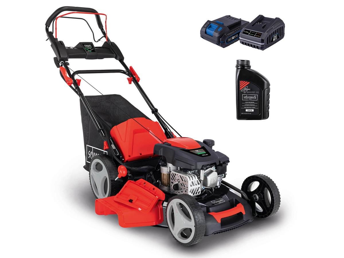 Scheppach Benzinrasenmäher MS173-51E, 51 cm Schnittbreite, (Set), 173 cm³, 4,1 PS Motorleistung, inkl. Akku u. Ladegerät + 0,6 L Motoröl von Scheppach