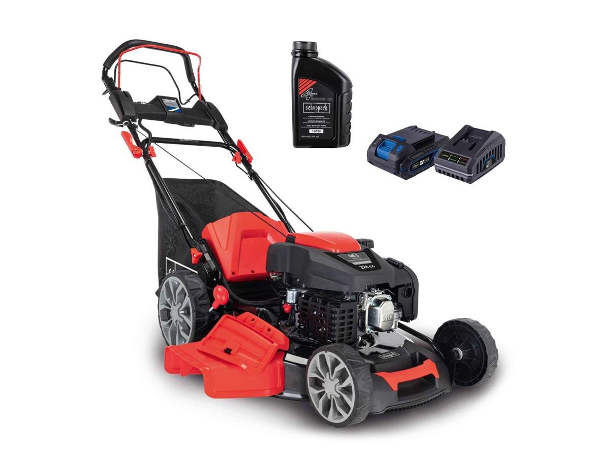Scheppach Benzinrasenmäher MS225-56E, 56 cm Schnittbreite, (Set), 224 cm³, 6 PS Motorleistung, Radantrieb, inkl. Akku u. Ladegerät + Öl von Scheppach