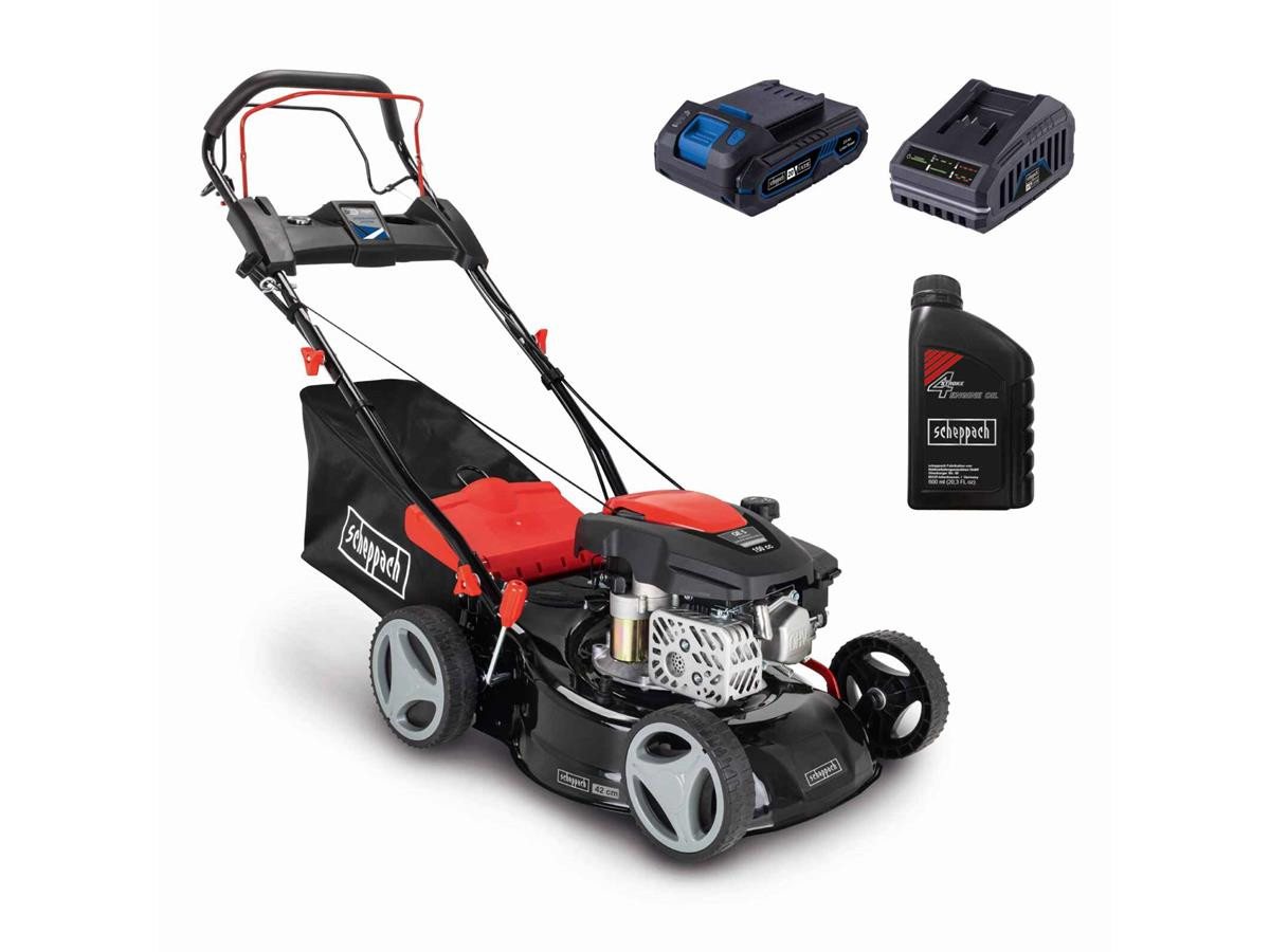 Scheppach Benzinrasenmäher RM420AE, 42 cm Schnittbreite, (Set), 150 cm³, 3,5 PS Motorleistung, inkl. Akku u. Ladegerät + 0,6 L Motoröl von Scheppach