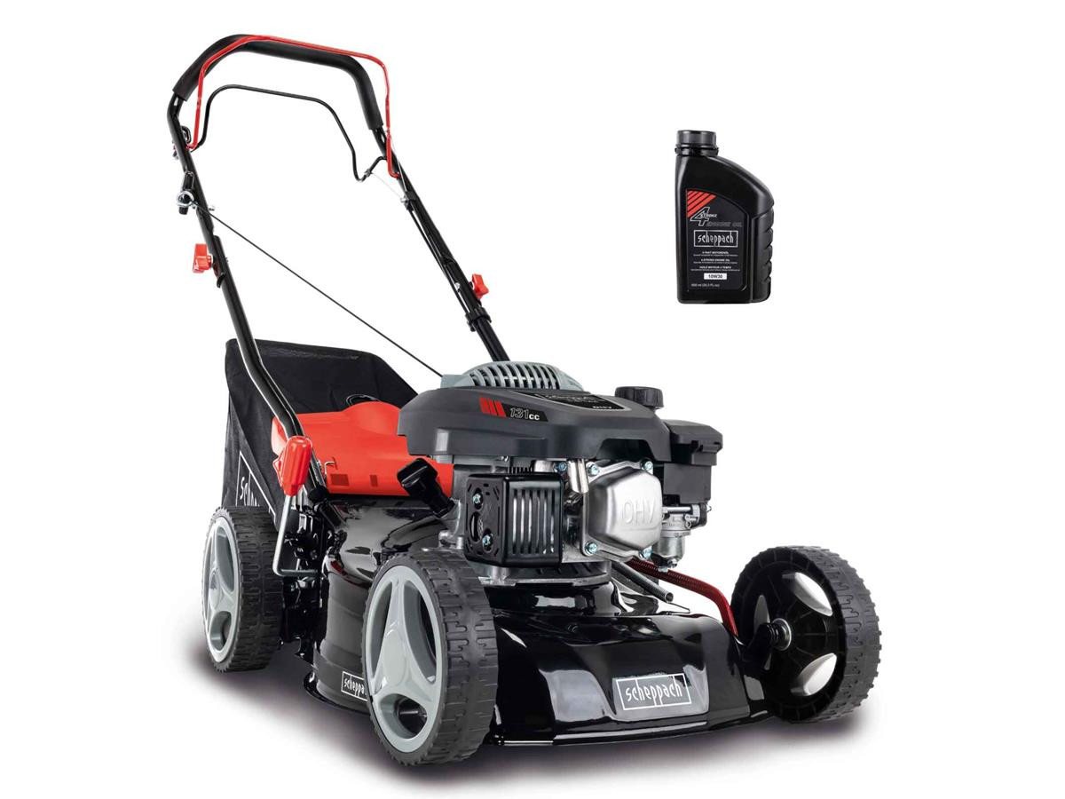 Scheppach Benzinrasenmäher Scheppach Benzin-Rasenmäher MS132-42 mit Öl, 42 cm Schnittbreite, (Set), mit Radantrieb, 131 cm³ Benzinmotor mit 3,3 PS, inkl. 0,6 l Motoröl von Scheppach