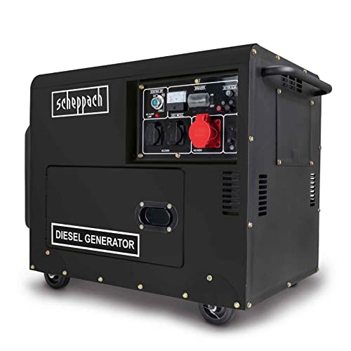 Scheppach Black Diesel Stromerzeuger DSE5500 mit Elektrostart | 7,9 PS | 5000W Leistung | 2x 230V, 1x 400V, 1x12V DC Anschluss | 16L Tank | AVR System | Stromgenerator inkl. Fahrvorrichtung von Scheppach