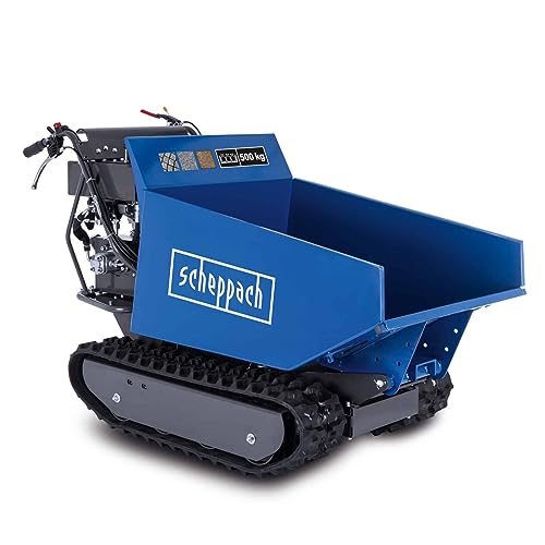 Scheppach DP6600 Benzin Ketten Dumper | 500 kg Zuladung | 4-Takt Benzin Motor mit 8 PS & 270ccm | 3X Vorwärts- / 1x Rückwärtsgang | Kettenantrieb/Steigung bis zu 30° | Raupendumper mit Kippfunktion von Scheppach