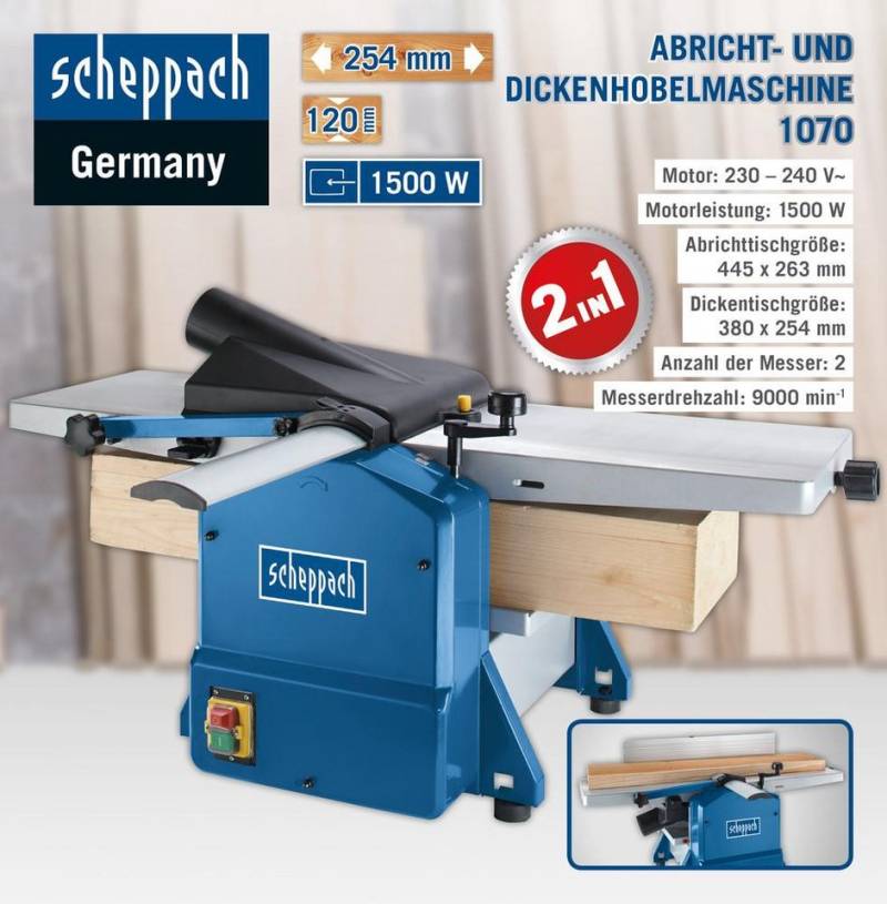 Scheppach Dickhobelmaschine HMS1070 Abricht- & Dickenhobelmaschine 1500W, 254 mm Hobelbreite von Scheppach