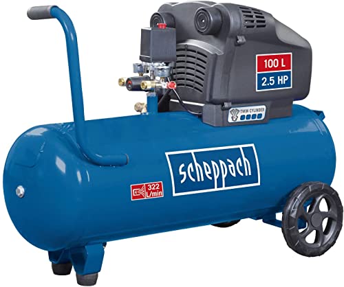 Scheppach Doppelzylinder Kompressor HC105DC Druckluftkompressor | Kesselvolumen 100L | 10bar Arbeitsdruck | 2,5PS Leistung | 322L Ansaugleistung | Ölfrei von Scheppach
