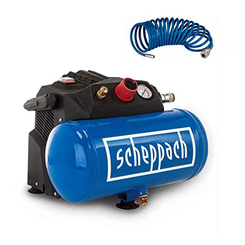Scheppach Druckluft Kompressor HC06 ölfrei | 6L Kessel | 8 bar Arbeitsdruck | 1200 Watt Leistung | Ansaugleistung 200 L/min | mobil & kompakt Luftkompressor | inkl. 5m Schlauch von Scheppach