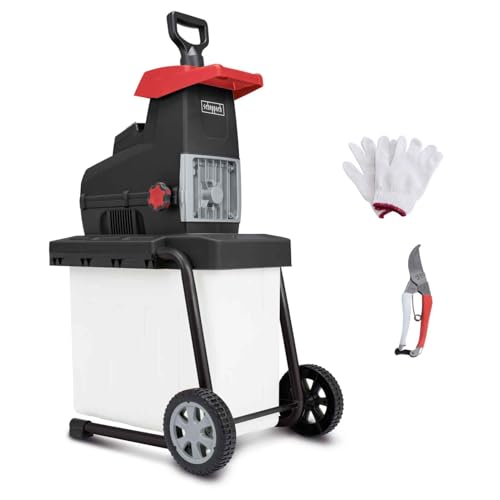 Scheppach GS60 Elektro Gartenhäcksler + Fahrvorrichtung - 2in1 Leisehäcksler | 2800W Leistung | Schnittstärke 45mm | 60L Fangbox | Selbsteinzug & Rücklauf | mit Nachstopfer, Handschuhe & Gartenschere von Scheppach