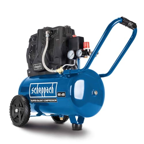Scheppach HC25Si Super-Silent Kompressor Leisekompressor | 1100W Leistung | 8bar Arbeitsdruck | 24L Kessel | ölfrei & wartungsarm | Ansaugleistung 230 L/min Doppelzylinder | inkl. Fahrvorrichtung von Scheppach