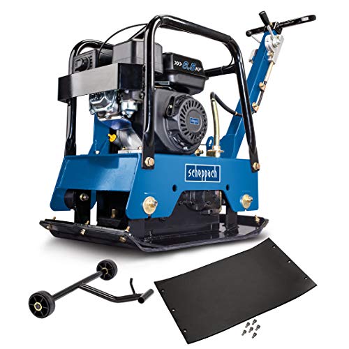 Scheppach HP2500S Benzin Rüttelplatte reversierbar | 125kg | 6,5PS | 40cm Verdichtungstiefe | 30kN | Vor-/Rücklaufgeschwindigkeit: 25 m/min | 630x400mm Stahlplatte | inkl. Gummimatte & Fahrvorrichtung von Scheppach
