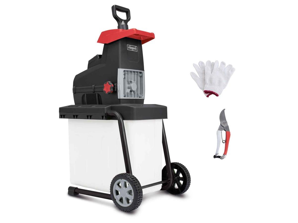 Scheppach Häcksler GS60, 4.4 cm max. Astdurchmesser, (Set), 2800 W Motor, 60 L Fangsack, inkl. Gartenschere + Handschuhe von Scheppach