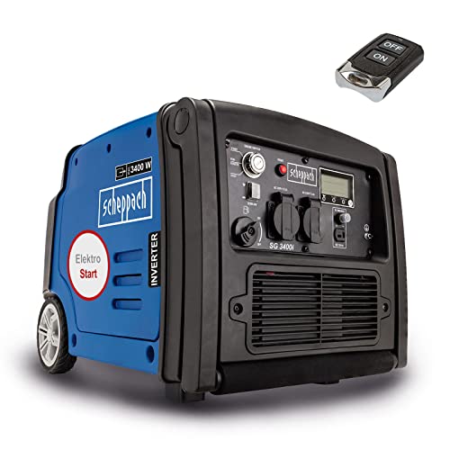 Scheppach Inverter Benzin Stromerzeuger SG3400i - 3400W | 5,1 PS | 2x 230V Steckdosen, 1x 12V | 61dB | Elektrostart mit Fernbedienung & Seilzugstart | Handgriff + Fahrvorrichtung | Stromgenerator von Scheppach