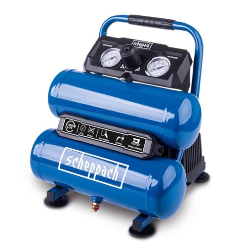 Scheppach Kompressor HC10-Twin ölfreier Druckluftkompressor | 7,5L Kesselvolumen | 8 bar max. Arbeitsdruck | 50,4 L Ansaugleistung | 750W Leistung | 2 Druckmanometer, 1 Schnellkupplung & Druckminderer von Scheppach