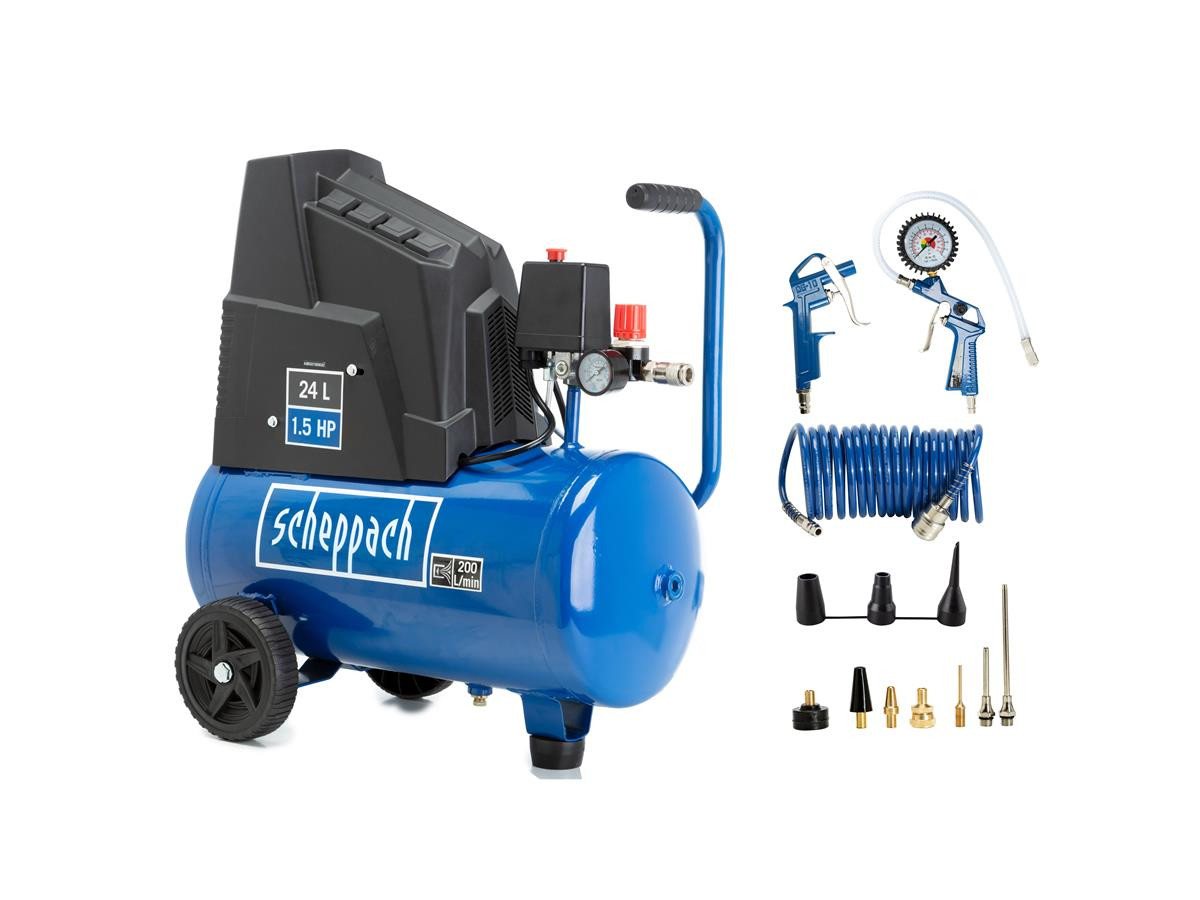 Scheppach Kompressor HC25o, 1100 W, max. 8 bar, 24 l, Set, 14 tlg., ölfrei und wartungsarm Scheppach Kompressor HC25o, 1100 W, max. 8 bar, 24 l, Set, 14 tlg., ölfrei und wartungsarm von Scheppach