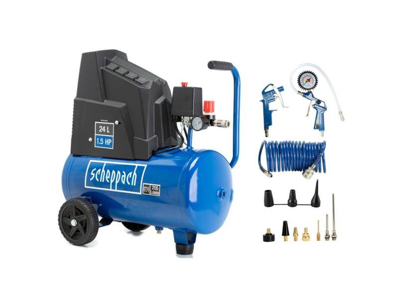Scheppach Kompressor HC25o, 1100 W, max. 8 bar, 24 l, Set, 14 tlg., ölfrei und wartungsarm Scheppach Kompressor HC25o, 1100 W, max. 8 bar, 24 l, Set, 14 tlg., ölfrei und wartungsarm von Scheppach