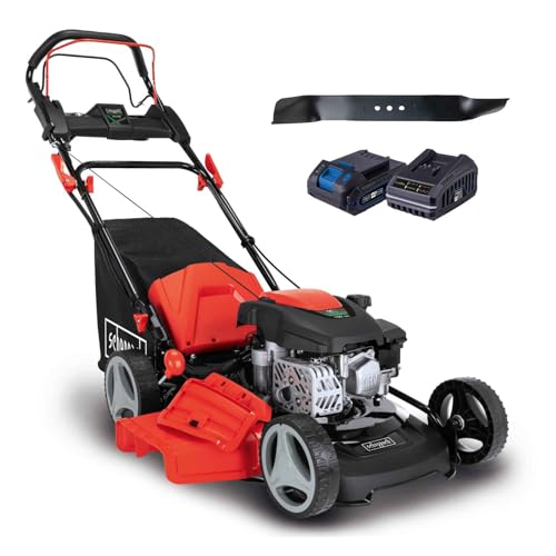 Scheppach MS150-46E Benzin Rasenmäher mit E-Start | 46cm Schnittbreite | Reinigungsfunktion | 55L Korb | Stahlgehäuse | 7-fache Höhenverstellung | Mulchen | Antrieb Seitenauswurf | inkl. Ersatzmesser von Scheppach
