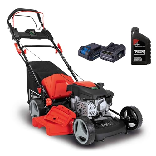 Scheppach MS150-46E Benzin Rasenmäher mit E-Start | 46cm Schnittbreite | Reinigungsfunktion | 55L Korb | Stahlgehäuse | 7-fache Höhenverstellung | Mulchen | Antrieb | Seitenauswurf | inkl. Motoröl von Scheppach
