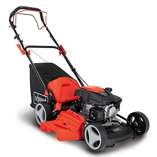 Scheppach MS161-46 Benzin Rasenmäher mit Antrieb - 46cm Schnittbreite | Reinigungsfunktion | 55 Liter Fangkorb | Stahlgehäuse | 7-stufige Höhenverstellung | Mulchfunktion | Seitenauswurf | Radantrieb von Scheppach