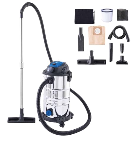 Scheppach Nass- / Trockensauger VC30 Premium | 30L Edelstahlbehälter & Zubehör | 1200W Leistung | 20kPa Saugleistung | Teleskoprohr, Werkzeugsteckdose sowie Schnellverschluss | 6m Kabel 3m Schlauch von Scheppach