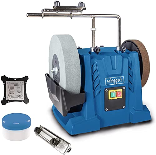 Scheppach Nass-Schleifsystem Tiger 7000s (Nass-Schleifmaschine mit 200W Induktions-Motor, Edelkorund Schleifstein 250 x 50 mm 220 Körnung | inkl. Universalvorrichtung | Abziehpaste & Winkellehre von Scheppach