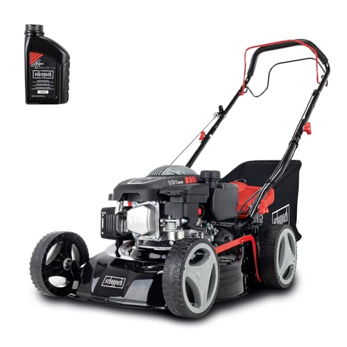 Scheppach Rasenmäher RM420A | 5 in 1-3,3PS | Schnittbreite 420mm | 45L Fangkorb | Schnitthöhenverstellung 25-75 mm | inkl. Radantrieb, Reinigungsfunktion & Motoröl von Scheppach