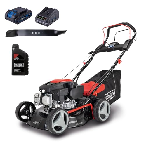 Scheppach Rasenmäher RM420AE | 5in1-3,5PS | Schnittbreite 420mm | 45L Fangkorb | Schnitthöhenverstellung 25-75 mm | inkl. E-Start, Radantrieb, Reinigungsfunktion & Motorölzweitem Mähmesser von Scheppach