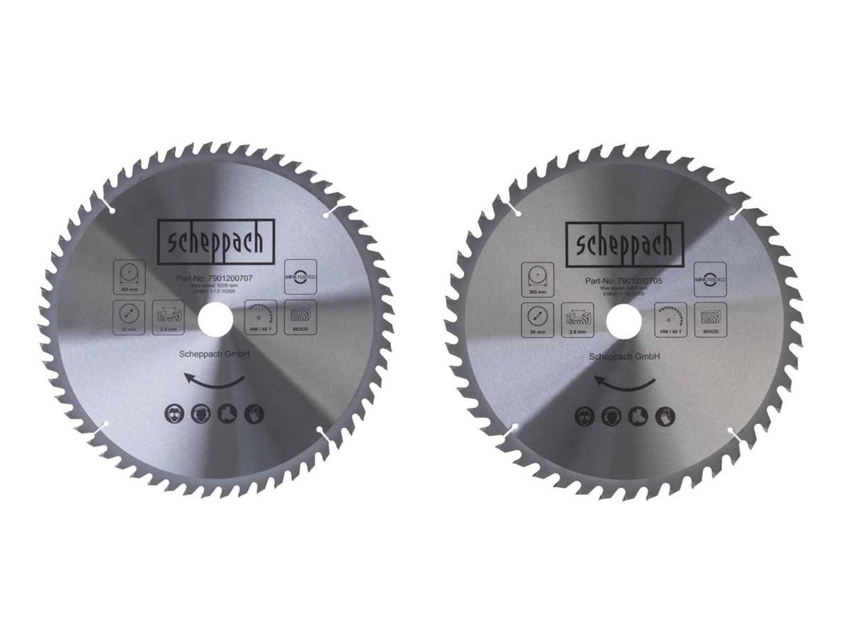 Scheppach Sägeblatt 7901200731 (2-St), Sägeblätter mit 48 und 60 Hartmetallsägezähne, 305 x 30 x 2,8 x 1,8 mm von Scheppach