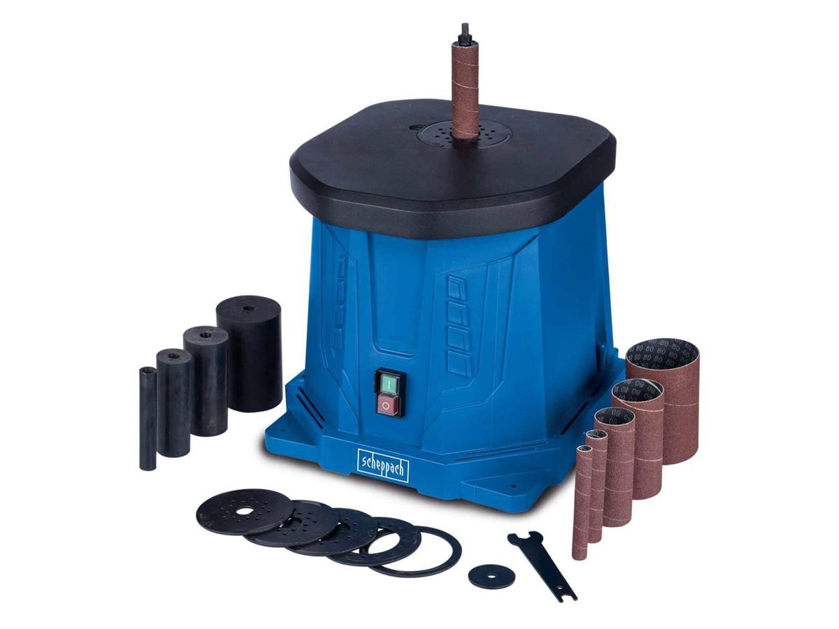 Scheppach Spindelschleifmaschine OSM100, (Set, 6x Schleifhülsen), Integrierter Staubabsaugstutzen, solider Aluminium-Druckgusstisch von Scheppach