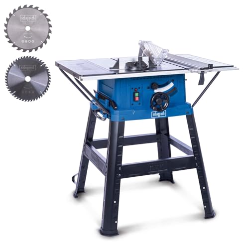 Scheppach Tischkreissäge HS254 mit Softstart & 2. Sägeblatt | Schnitthöhe 85mm | 2200W / 230V | 880mm Tischhöhe | XXL-Tischgröße mit Verbreiterung 630x935mm mit Skala | inkl. Untergestell und Anschlag von Scheppach
