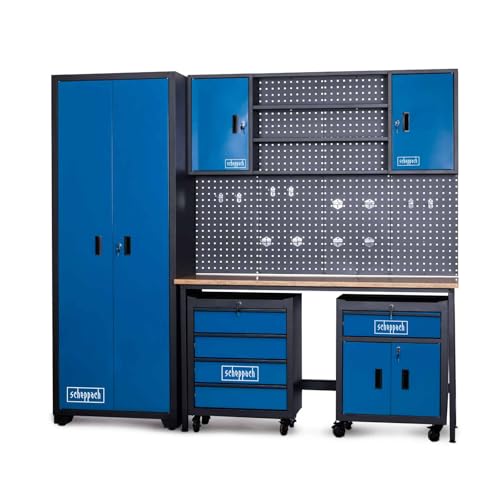 Scheppach Werkstatt-Modulsystem GWS08 Werkstatteinrichtung Werkzeugschrank Werkstattwand | abschließbare Schränke | Hochschrank, Wandschrank, Lochwand, 12x Haken, Werkbank, 2X Werkstattwägen von Scheppach