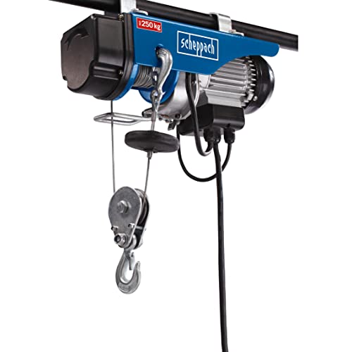 Scheppach elektrischer Seilzug HRS250 Flaschenzug Kettenzug mit Umlenkrolle | maximale Tragkraft 250/125 kg | Leistung 530W | Hubhöhe 12/6 m | Not-Aus-Schalter | Hebezug inkl. 2 Befestigungsbügel von Scheppach
