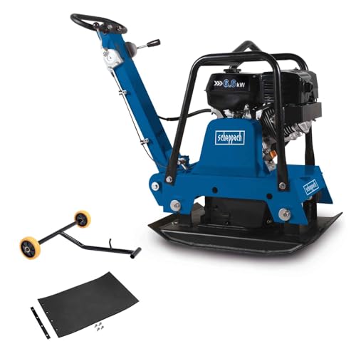 Scheppach Rüttelplatte Benzin reversierbar HP3000S | 160 kg | 9 PS | 30,5 kN | 50cm Verdichtungstiefe | Plattengröße: 730 x 450 mm | Vor- & Rücklauf | Komplettset mit Gummimatte & Fahrvorrichtung von Scheppach