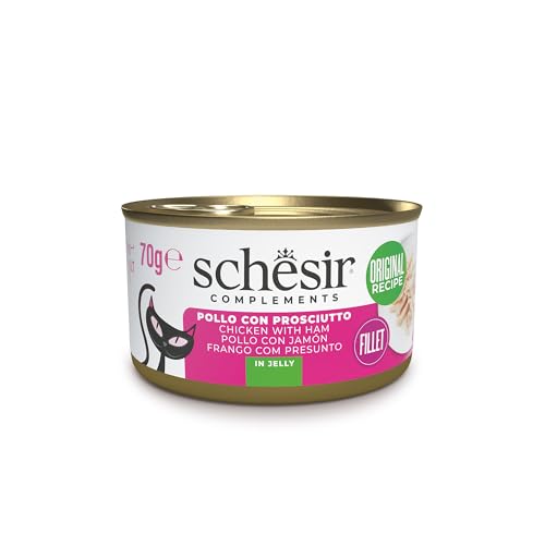 Schesir, Hähnchenfilets mit Schinken in Gelee, ergänzendes Nassfutter für Katzen, Originalrezept, 100% natürlich, 12 Dosen à 70 g von Schesir