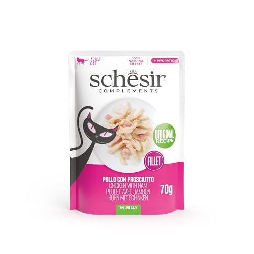 Schesir, Hähnchenfilets mit Schinken in Gelee, ergänzendes Nassfutter für Katzen, Originalrezept, 100% natürlich, 12 Beutel à 70 g von Schesir