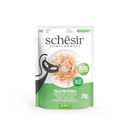 Schesir, Hähnchenfilets mit Spigola in Gelee, ergänzendes Nassfutter für Katzen, Originalrezept, 100% natürlich, 12 Beutel à 70 g von Schesir