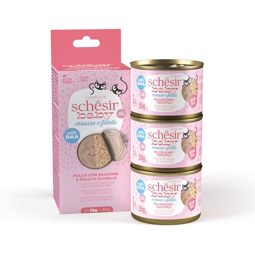 Schesir, Komplettes Nassfutter für Kätzchen Baby Mousse und Filets Huhn/Lachs (36 Dosen x 55 Gramm) von Schesir