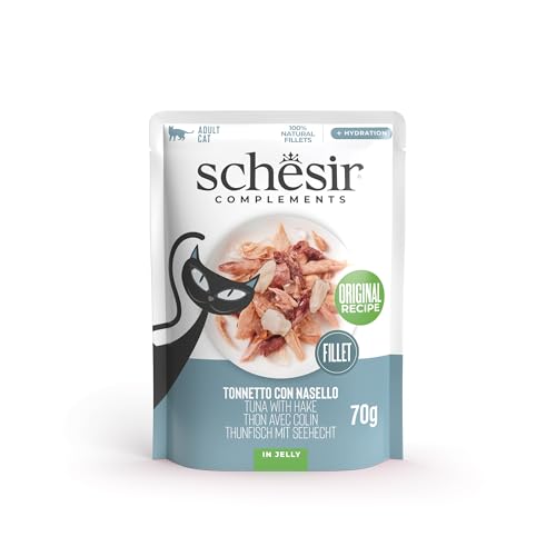 Schesir, Thunfischfilets mit Seehecht in Gelee, ergänzendes Nassfutter für Katzen, Originalrezept, 100% natürlich, 12 Beutel à 70 g von Schesir