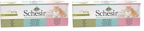 Schesir Cat in Brühe - Katzenfutter nass mit Thunfisch, Hühnerfilet und Goldbrasse in eigener Kochbrühe, hohe Verträglichkeit, Multipack in Dosen (6 x 70 g) (Packung mit 2) von Schesir