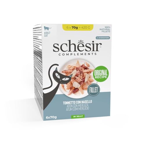 Schesir In Jelly, Komplementäres Nassfutter für Katzen, im Beutel, Thunfischfilets mit Seehecht, in Gelee, ohne Konservierungsstoffe und Farbstoffe, 6 x 70 g von Schesir