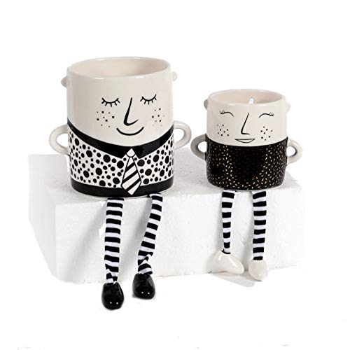 1 x Topf Anton mit Baumelbeinen Keramik schwarz/weiß Höhe 9,5 oder 13 cm, Gesicht, Schnörkel, Pflanztopf, Größe:klein von Scheulen