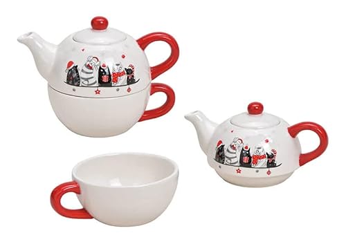 Tea for One Set Katzen Dekor (= 1 kleine Teekanne + 1 Tasse zum Stapeln) aus Keramik von Scheulen