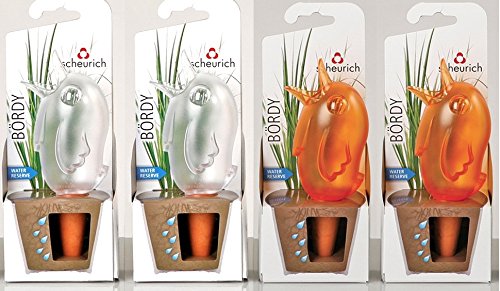 Scheurich Wasserspender Bördy S | 4er Set Transparent/Orange | 90 ml Füllmenge | Bewässerungskugel klein mit Ton Fuß | Wasserspender Pflanzen und Blumen Terrakotta Stiel von Scheurich