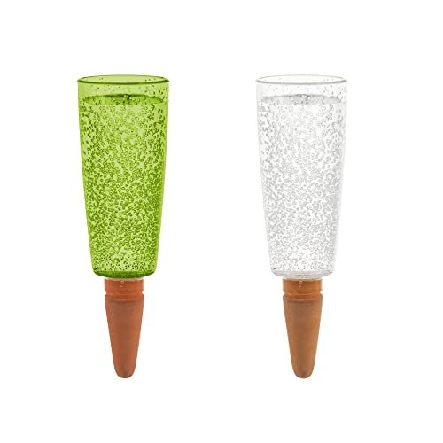 Scheurich Wasserspender Copa XL | 2er Set Grün/Transparent | 500 ml Füllmenge | Bewässerungskugel klein mit Ton Fuß | Wasserspender Pflanzen und Blumen Terrakotta Stiel von Scheurich