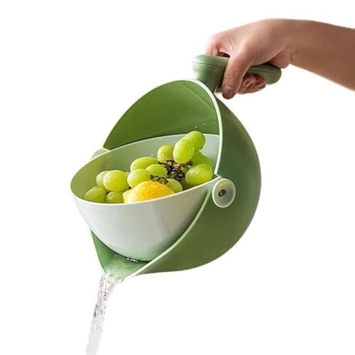 Schevem Küchensieb,Schüssel mit Siebeinsatz,Drehsieb Siebkorb Kippbares Sieb herausnehmbar 2 tlg. Abtropfsieb Obst Gemüse Waschschüssel doppellagige Schüssel mit Griff (Creme/Grün) von Schevem