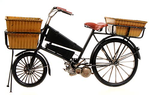 Schick-Design Fahrrad mit 2 Körben 30 cm schwarz aus Metall mit Hilfsmotor Oldtimer Nostalgie Blech Modell Rad Velo von Schick-Design